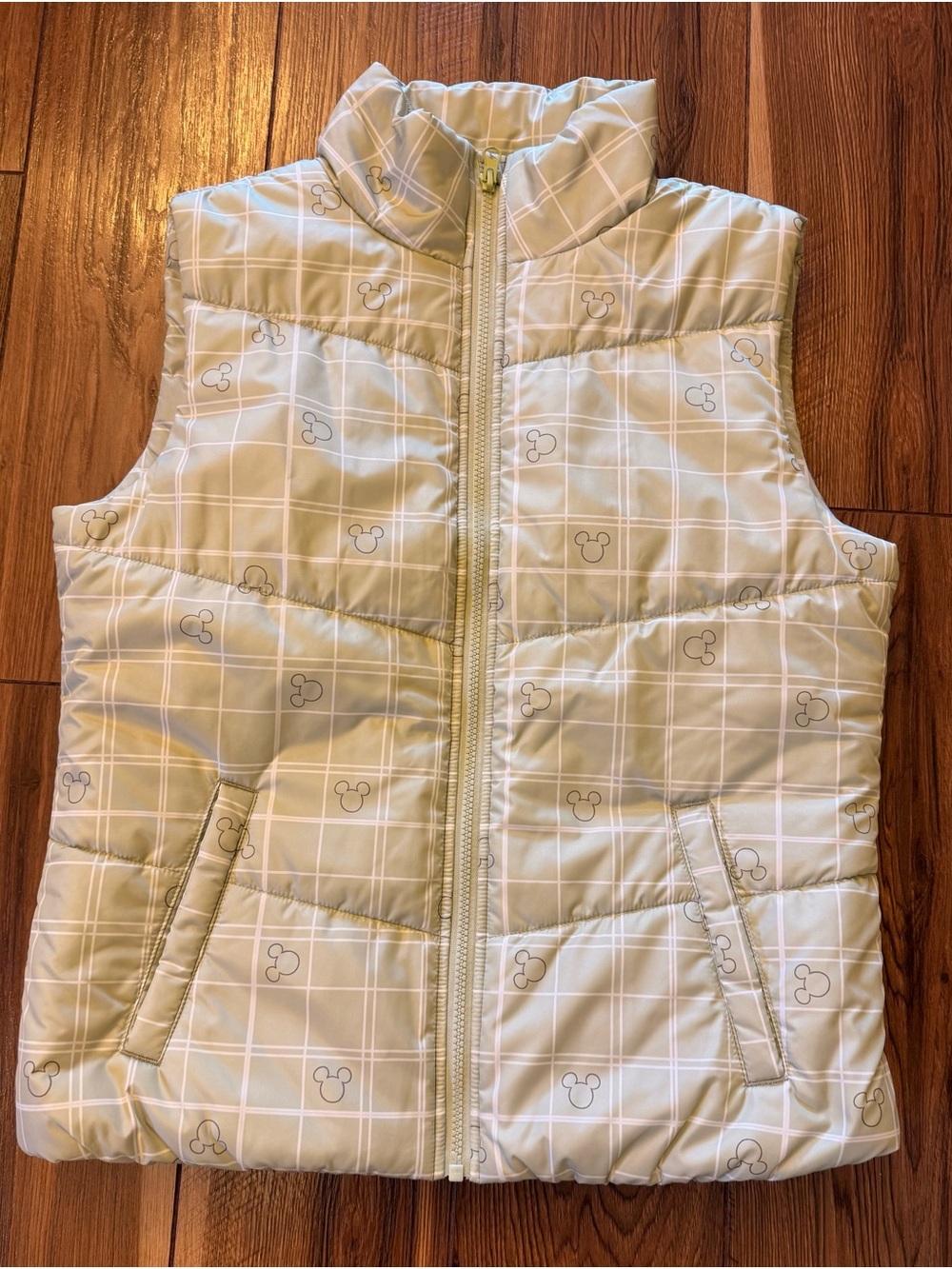 Disney light green Plaid Puffer Vest with Subtle Mickey Print